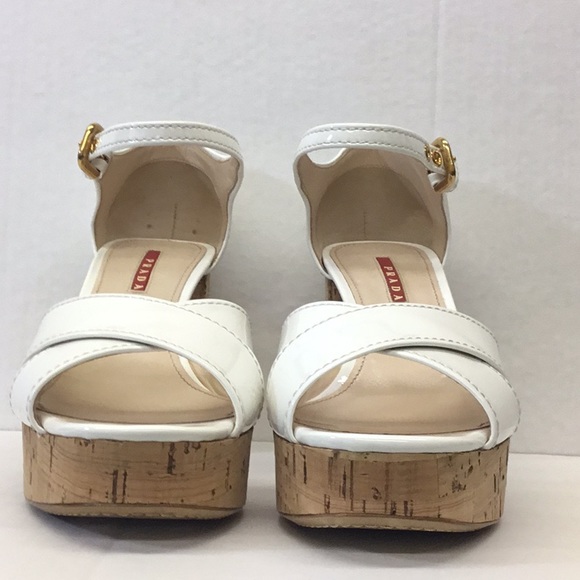 PRADA White Patent Block Heel Sandal Gold Hardware - Picture 5 of 13